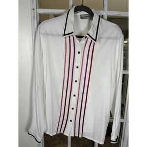 Vintage Napa Valley White Blouse Velvet  Ribbon Trim Pintuck Front Button Up XL